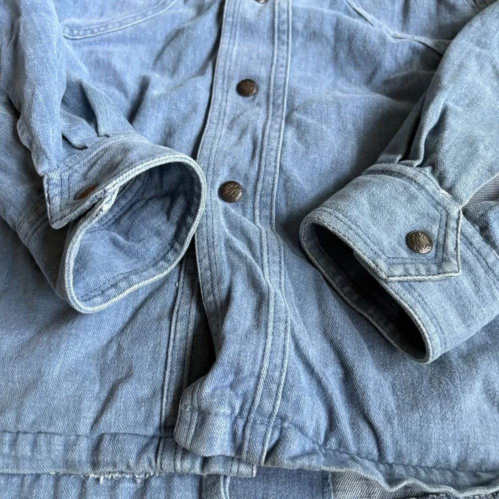 Vtg 70s Denim Safari Jacket Hong Kong Dagger Collar Epaulettes Workwear Coat 42